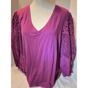 Chico's V-Neck Puff Eyelet Sleeve Pima Blouse Tee Top T-Shirt Pima SZ 3 or XL